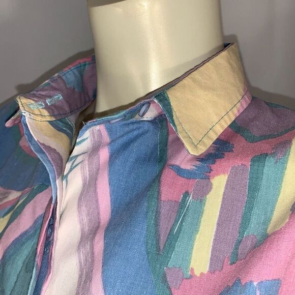 Vintage 80’s Unique Pastel Funky Print Bold Shoulder Button Down Long Sleeve Shi - Picture 9 of 16